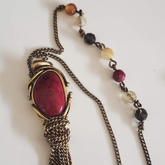 Lucky Brand Boho Necklace with Carnelian Center Stone Gold Tone Chain with Beads - Picture 2 of 8